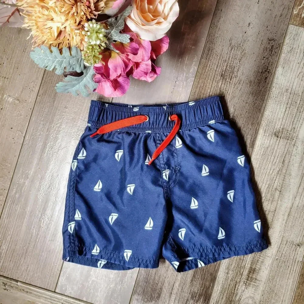 Starting Out Toddler Boy Blue and White Anchor Month Swim Trunks 18/24M